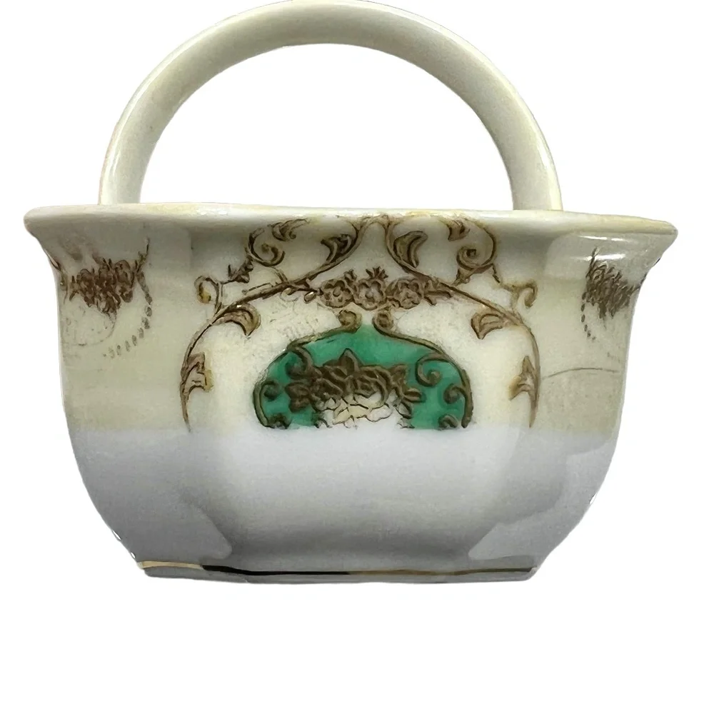 NORITAKE GREEN/GOLD/YELLOW HAND PAINTED PORCELAIN CERAMIC MINI BASKET
